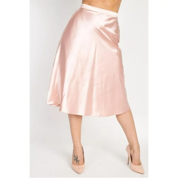 Commense Light Pink Satin A-Line Midi Skirt Size S - Picture 1 of 9